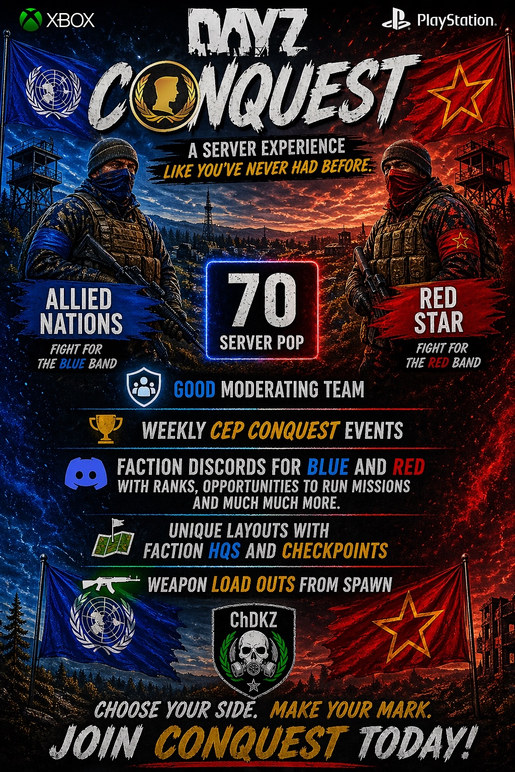 Conquest DayZ poster with blue and red factions